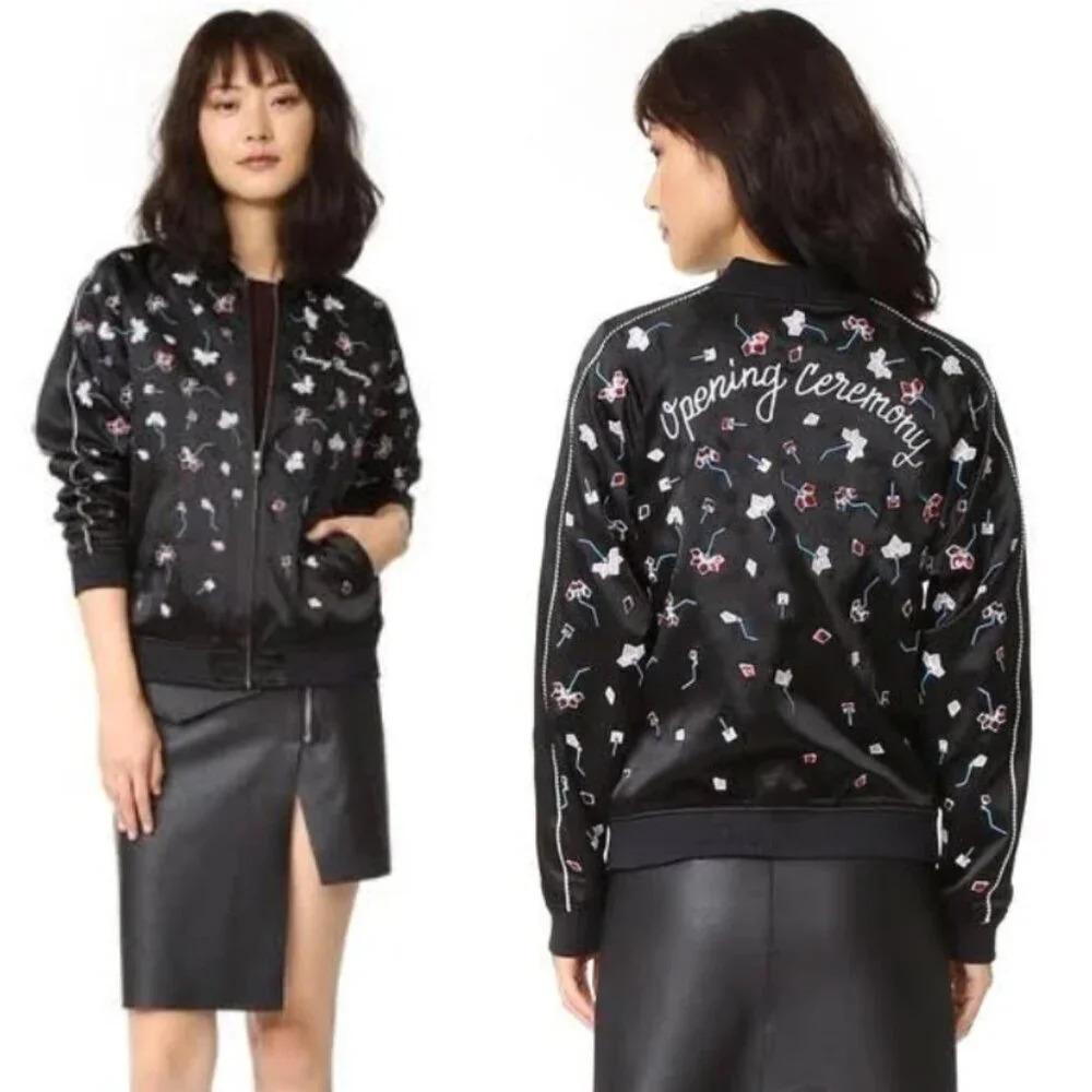 Opening Ceremony Black Red Embroidered Sequin Beaded Silk Bomber Jacket 17868